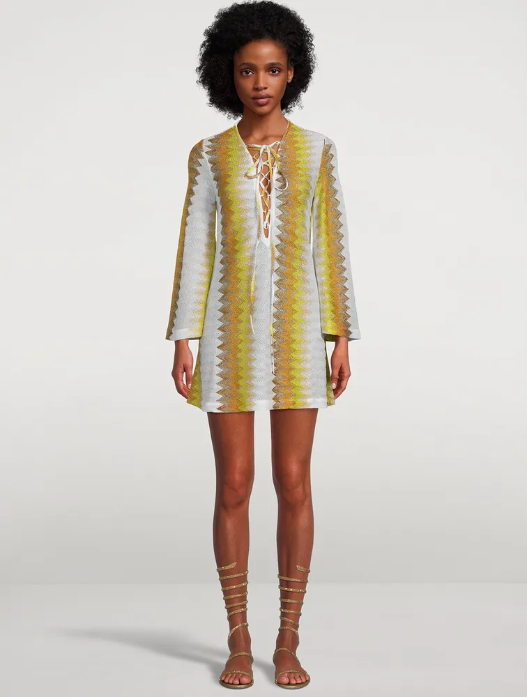 Long-Sleeve Short Kaftan Wavy Chevron