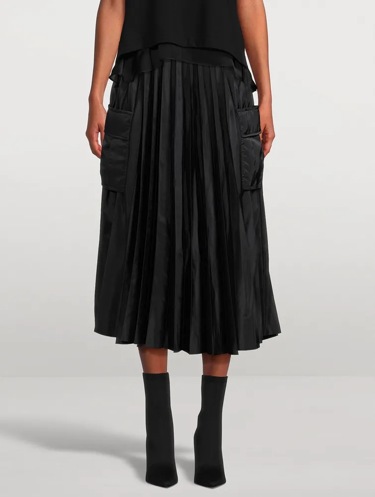 Nylon Twill Pleated Midi Skirt