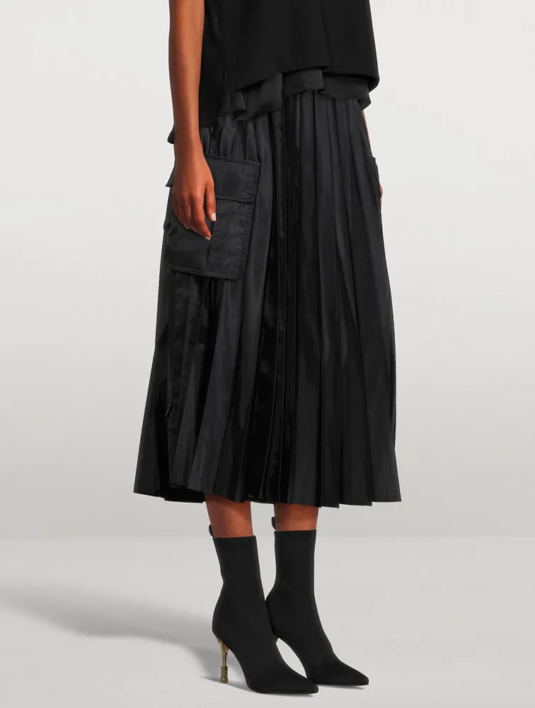 Nylon Twill Pleated Midi Skirt