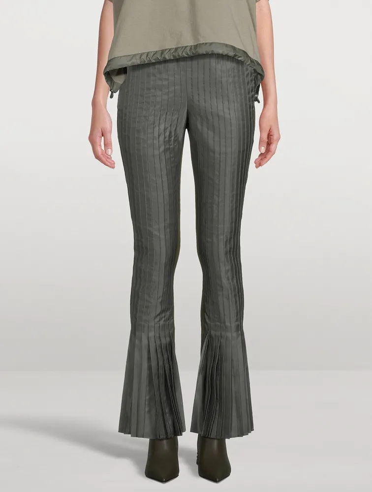 Nylon Twill Pleated Flare Trousers
