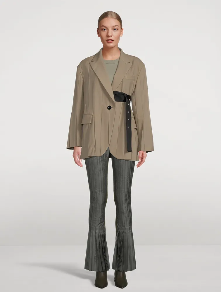 Nylon Twill Pleated Flare Trousers