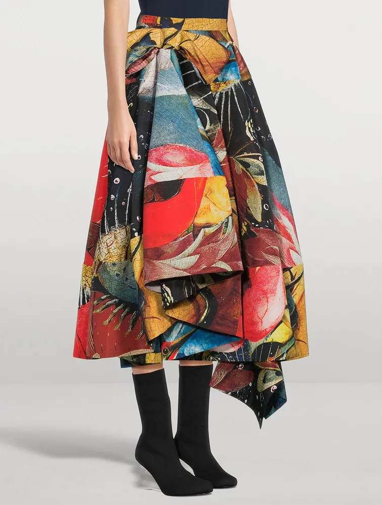 Slashed Polyfaille Midi Skirt Hieronymus Bosch Print