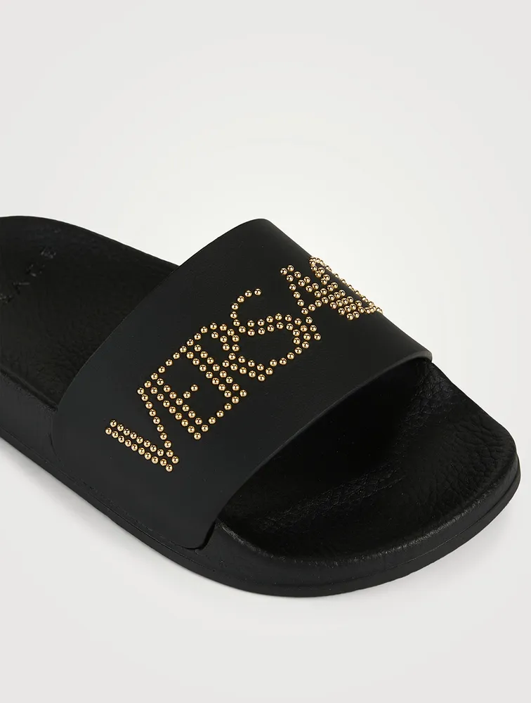 Leather Studded Logo Pool Slide Sandals