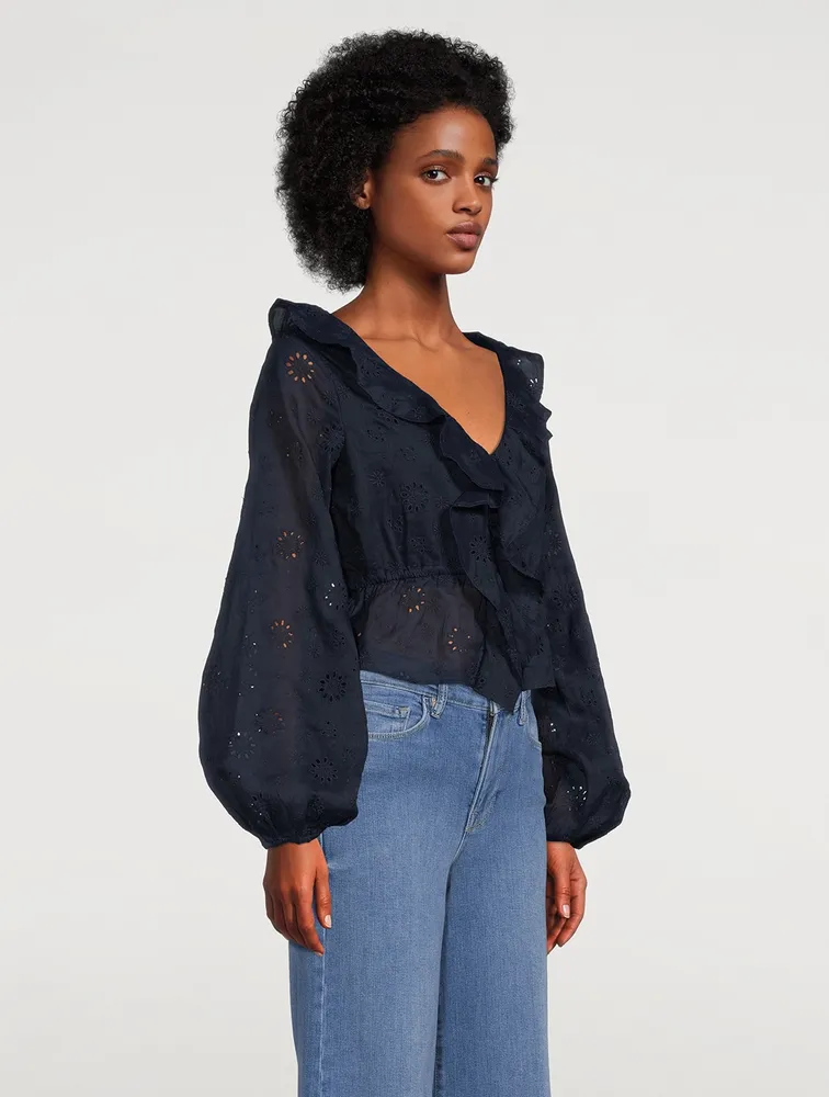 Ruffle Front Eyelet Long Sleeve Top