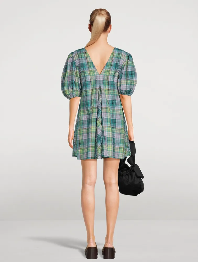 Seersucker Check V-Neck Mini Dress