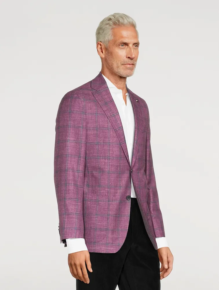 Hampton Wool Silk And Linen Jacket Plaid Print