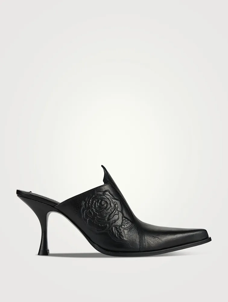 Rose-Embossed Leather Mules