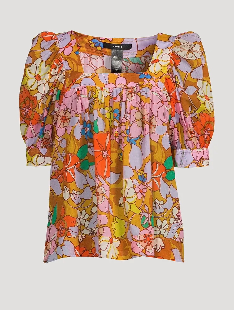 Puff-Sleeve Peasant Blouse Floral Print