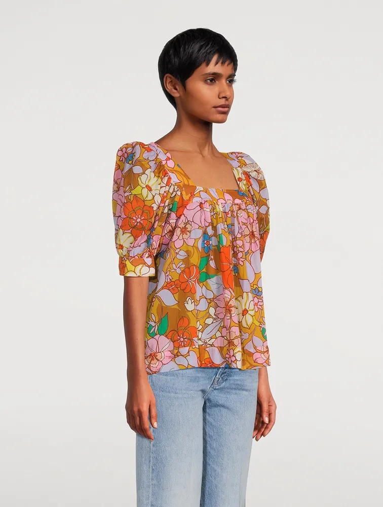 Puff-Sleeve Peasant Blouse Floral Print