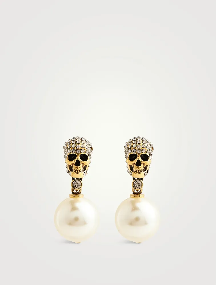 Crystal Skull Earrings With Faux Pearls