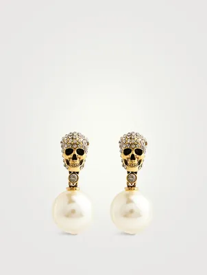 Crystal Skull Earrings With Faux Pearls