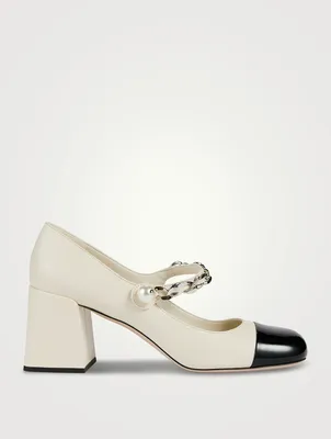 Leather Mary Jane Pumps With Pearl Chain Strap