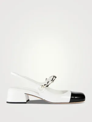 Leather Mary Jane Slingback Pumps With Pearl Chain Strap