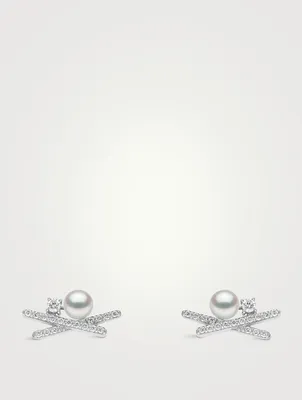 Sleek 18K Gold Akoya Pearl And Diamond Stud Earrings