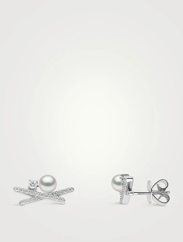 Sleek 18K Gold Akoya Pearl And Diamond Stud Earrings