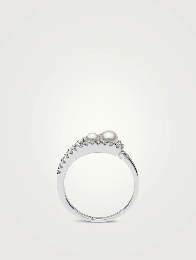 Sleek 18K White Gold Akoya Pearl And Diamond Ring