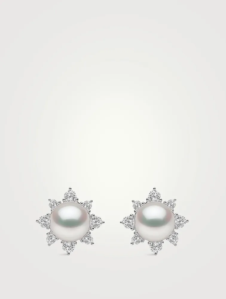 Trend 18K White Gold Akoya Pearl And Diamond Stud Earrings