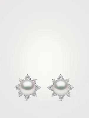 Trend 18K White Gold Akoya Pearl And Diamond Stud Earrings