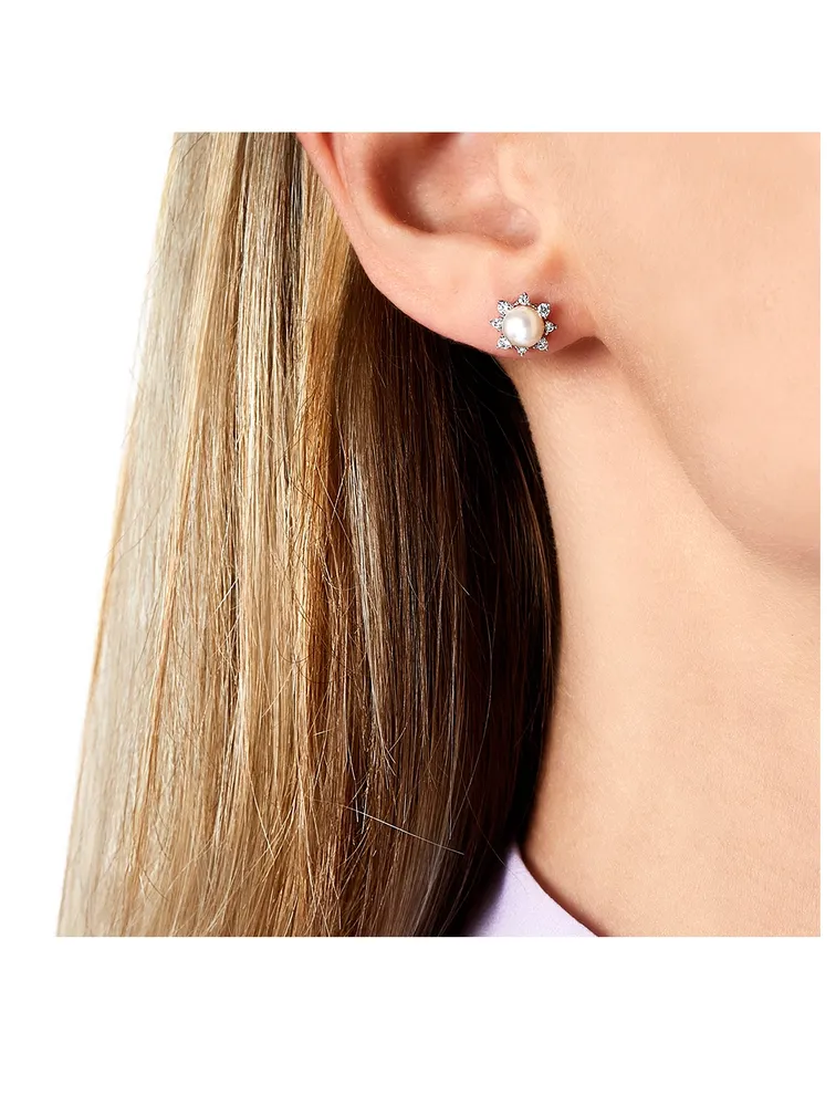 Trend 18K White Gold Akoya Pearl And Diamond Stud Earrings