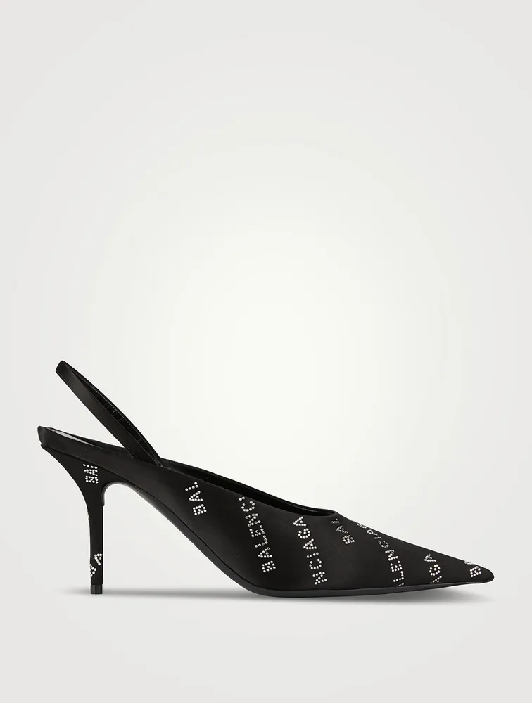 Square Knife Embellished Satin Slingback Pumps