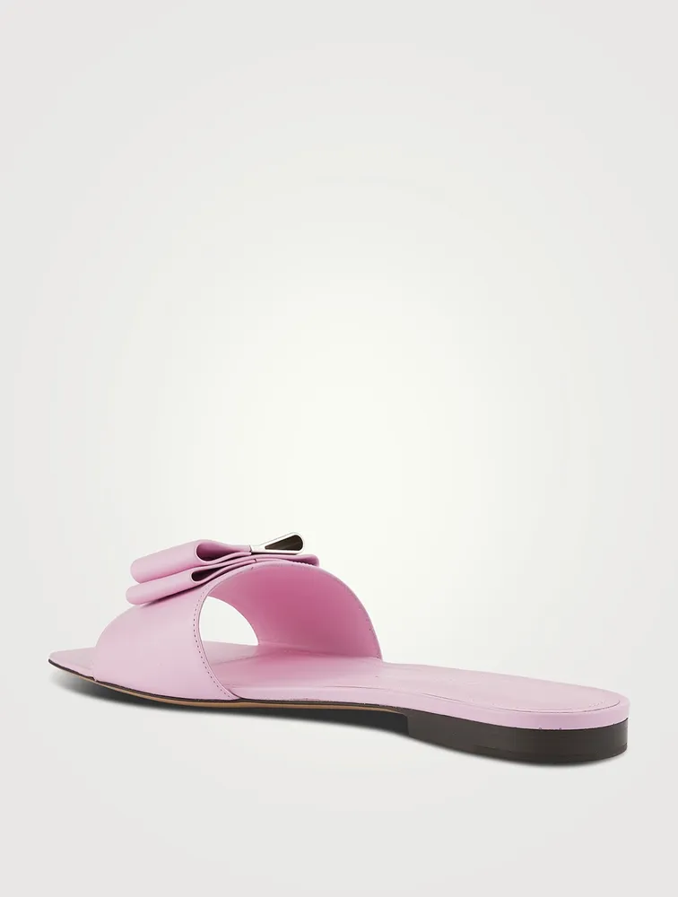 Double Bow Leather Slide Sandals