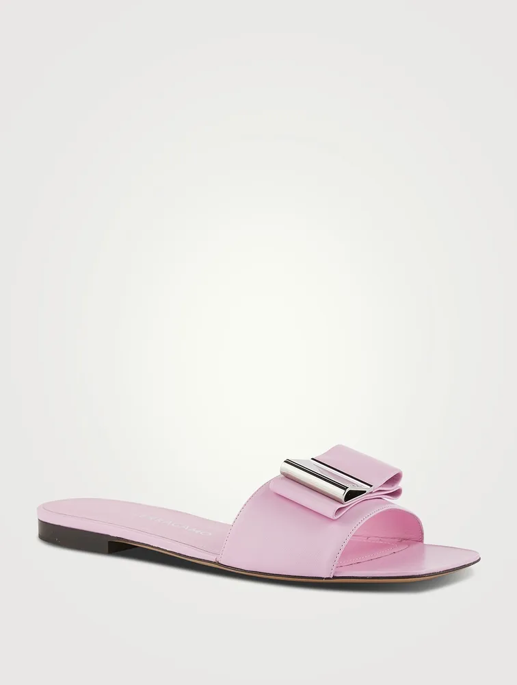 Double Bow Leather Slide Sandals