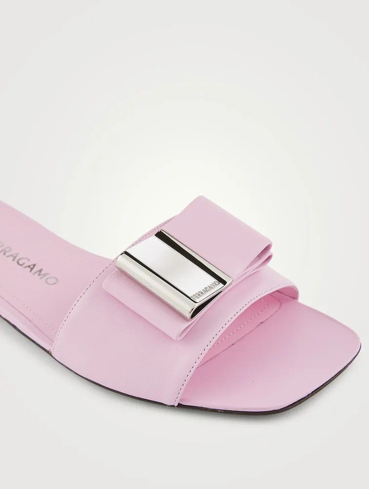 Double Bow Leather Slide Sandals