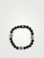 Onyx Beaded Bracelet With Silver Cross Scroll Barrels