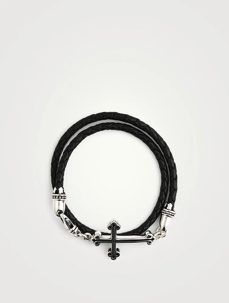 Thin Braided Leather Traditional Cross Double Wrapped Bracelet