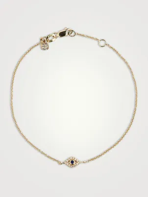 Small 14K Gold Bezel Evil Eye Bracelet With Diamonds And Sapphire