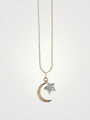 14K Gold Moon And Star Charm Necklace With Pavé Diamonds