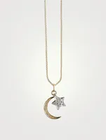 14K Gold Moon And Star Charm Necklace With Pavé Diamonds