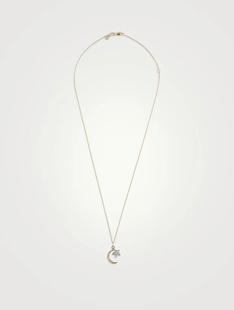 14K Gold Moon And Star Charm Necklace With Pavé Diamonds