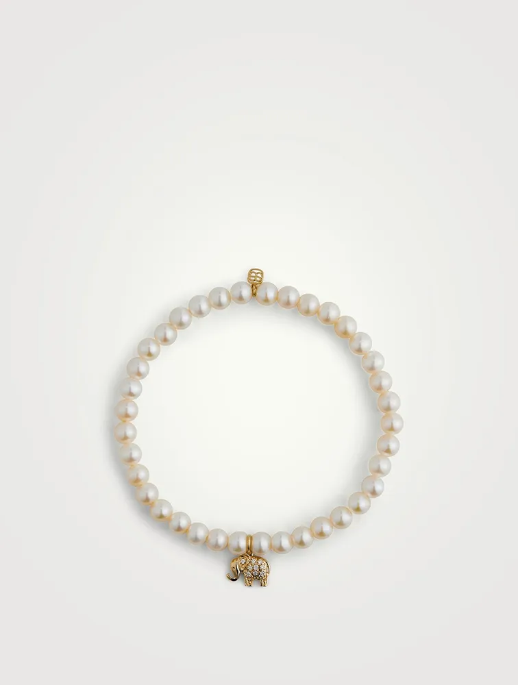 Pearl Bracelet With Mini 14K Gold Diamond Elephant Charm