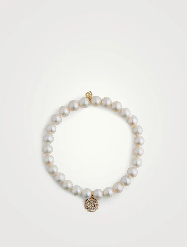 Pearl Bracelet With 14K Gold Diamond Happy Face Charm