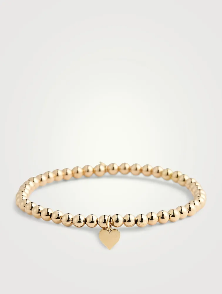 14K Gold Beaded Bracelet With Heart Charm