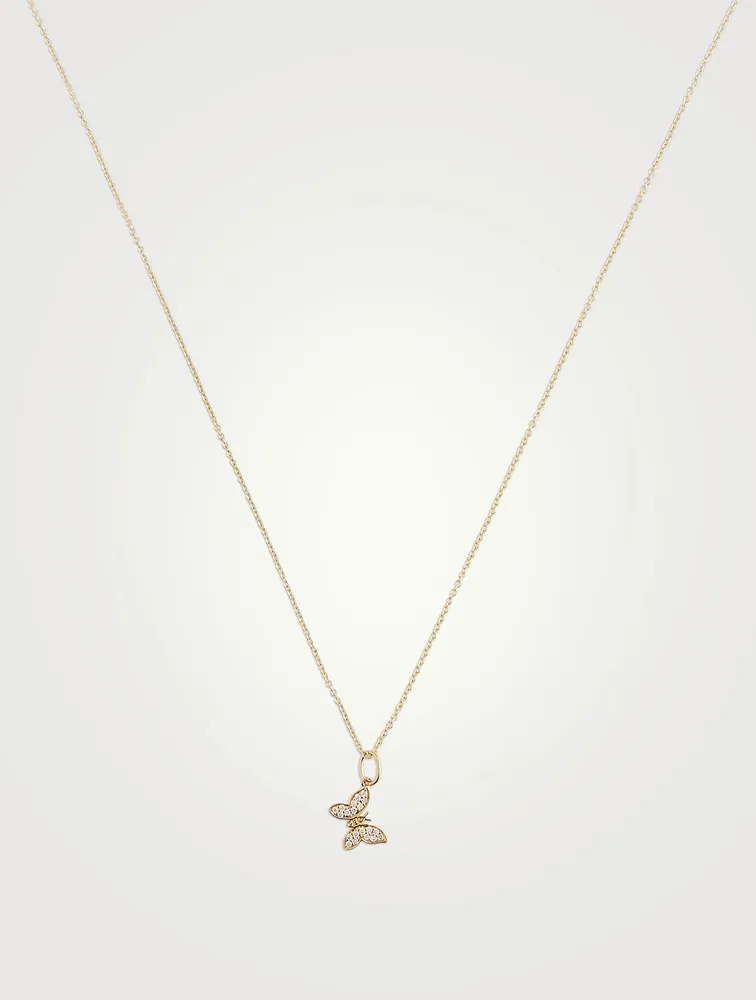 Tiny 14K Gold Butterfly Charm Pendant Necklace With Diamonds