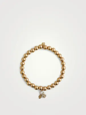 14K Gold Beaded Bracelet With Diamond Luck And Protection Charm