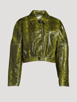 Cropped Faux Leather Jacket Snake Print
