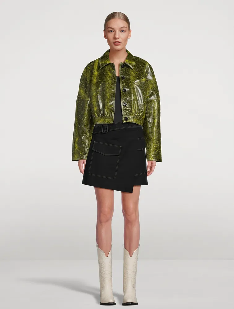 Cropped Faux Leather Jacket Snake Print
