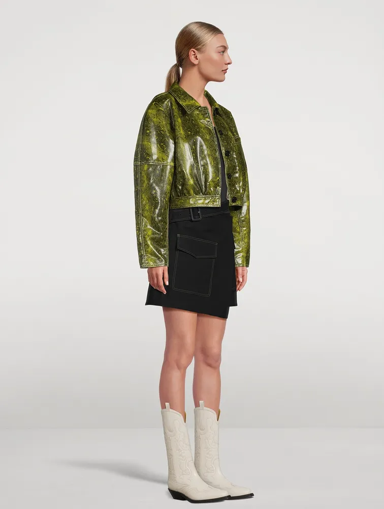 Cropped Faux Leather Jacket Snake Print