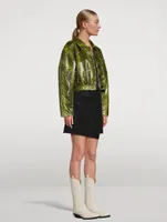 Cropped Faux Leather Jacket Snake Print