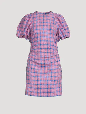 Puff-Sleeve Mini Dress Check Print