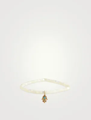 Heishi Beaded Bracelet With Small 14K Rainbow Hamsa Charm