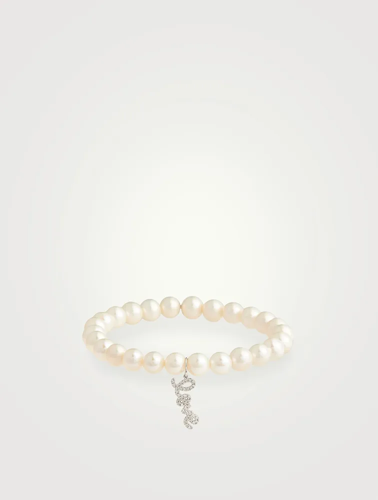 Pearl Bracelet With Mini 14K White Gold Diamond Love Charm