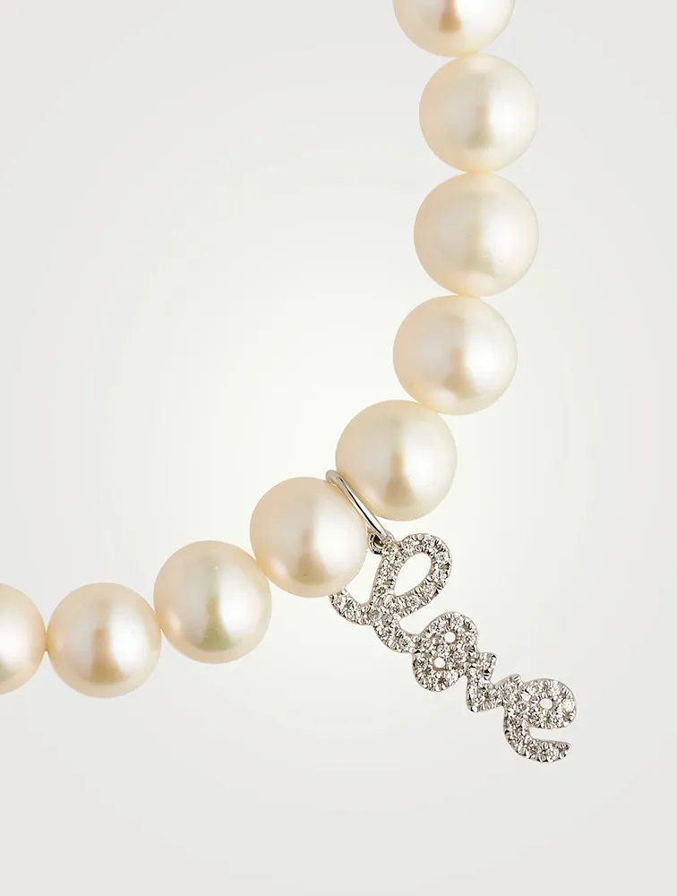 Pearl Bracelet With Mini 14K White Gold Diamond Love Charm
