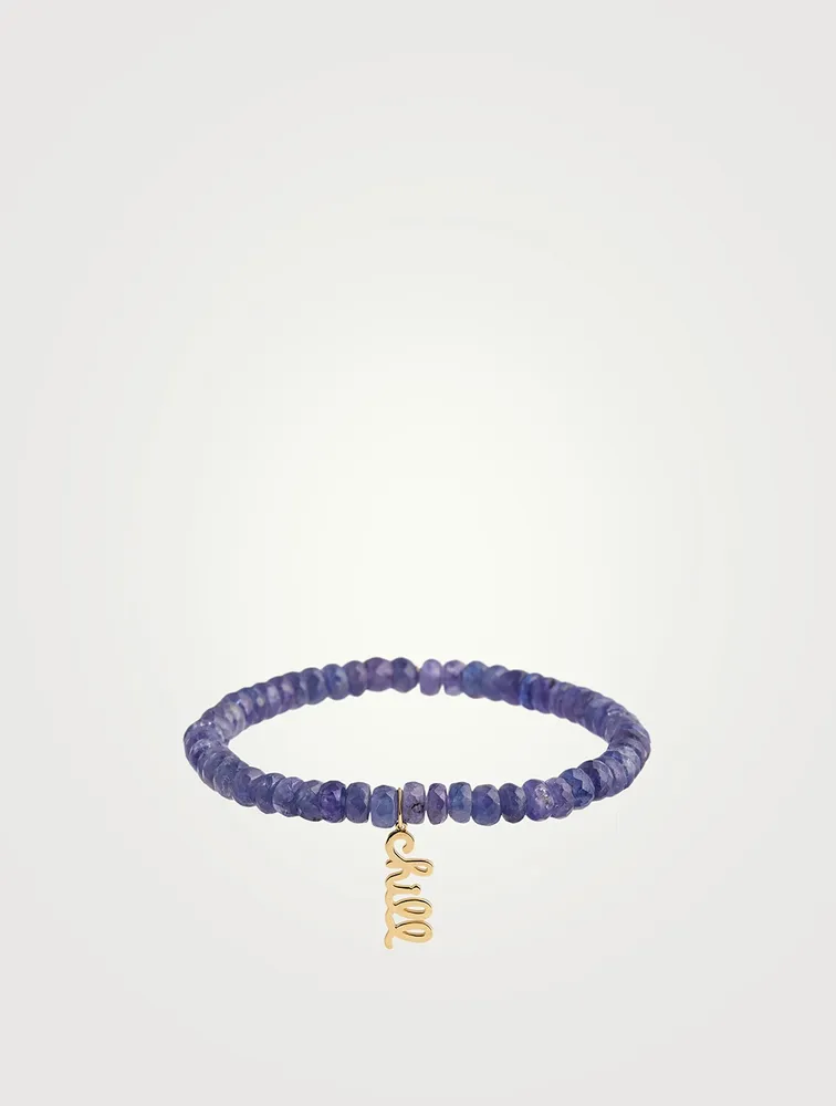 Blue Tanzanite Beaded Bracelet With 14K Gold Pure Chill Script Charm