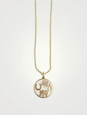 14K Gold Luck Tableau Enamel Medallion Pendant Necklace