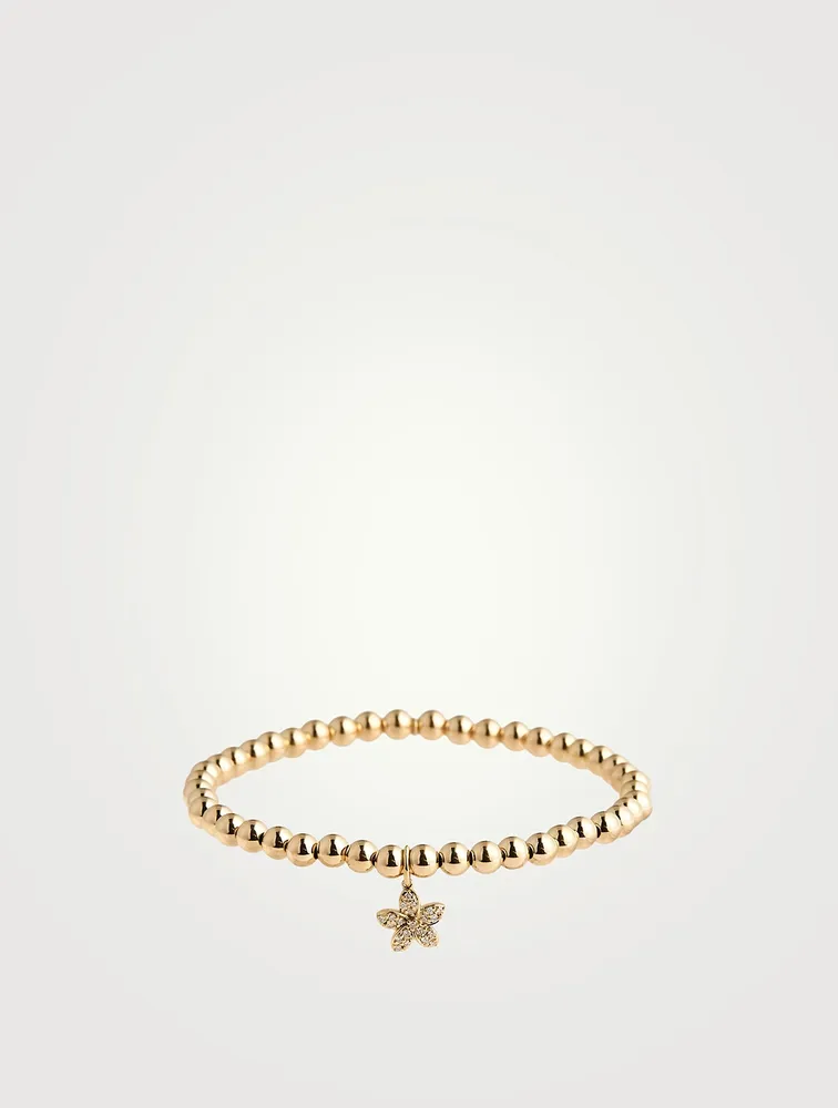 14K Gold Beaded Bracelet With Small 14K Gold Diamond Plumeria Charm