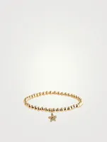 14K Gold Beaded Bracelet With Small 14K Gold Diamond Plumeria Charm